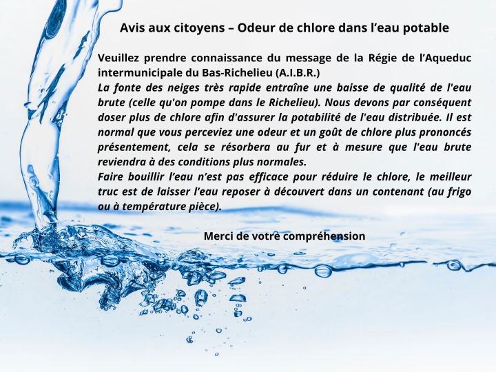 Avis aux citoyens - Odeur de chlore dans l'eau