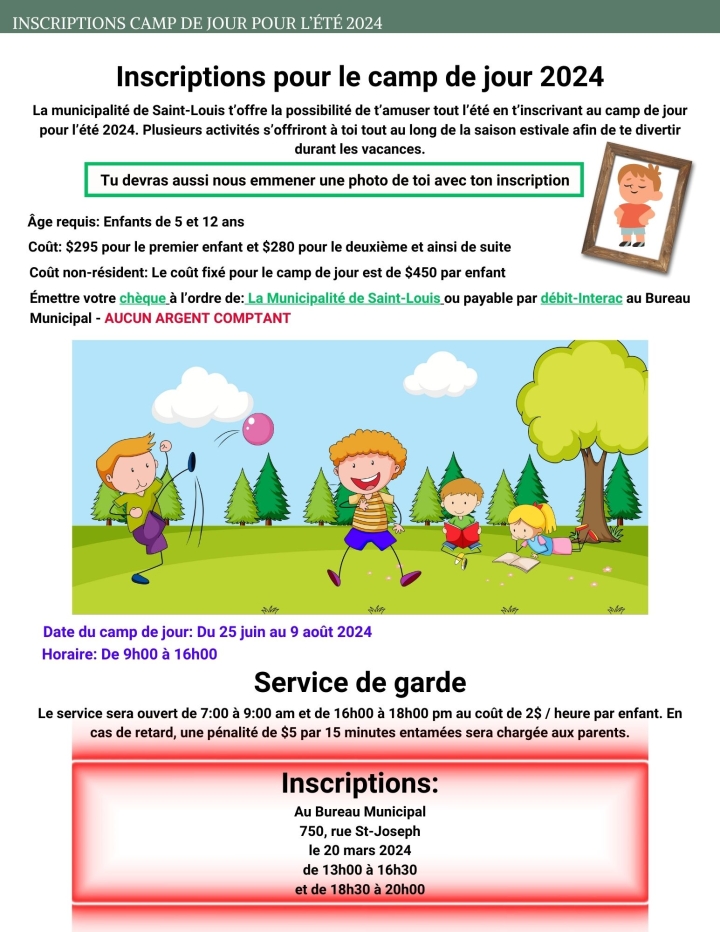 Inscription pour le camp de jour été 2024